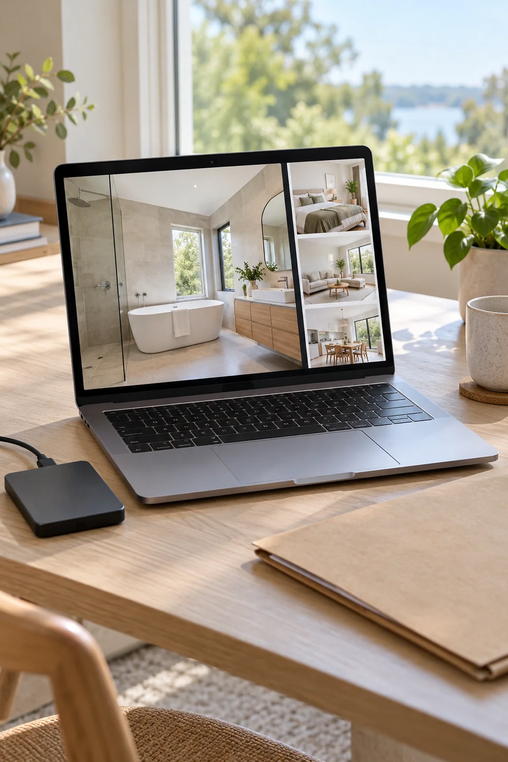 Laptop showing a bathroom photograph and three room thumbnails