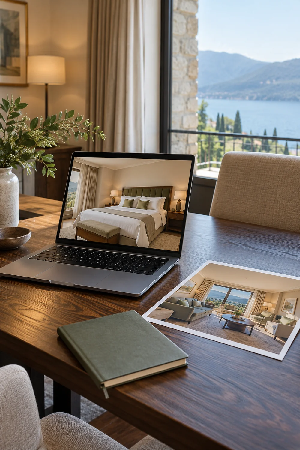 Laptop showing a bedroom beside a separate suite photograph and closed notebook