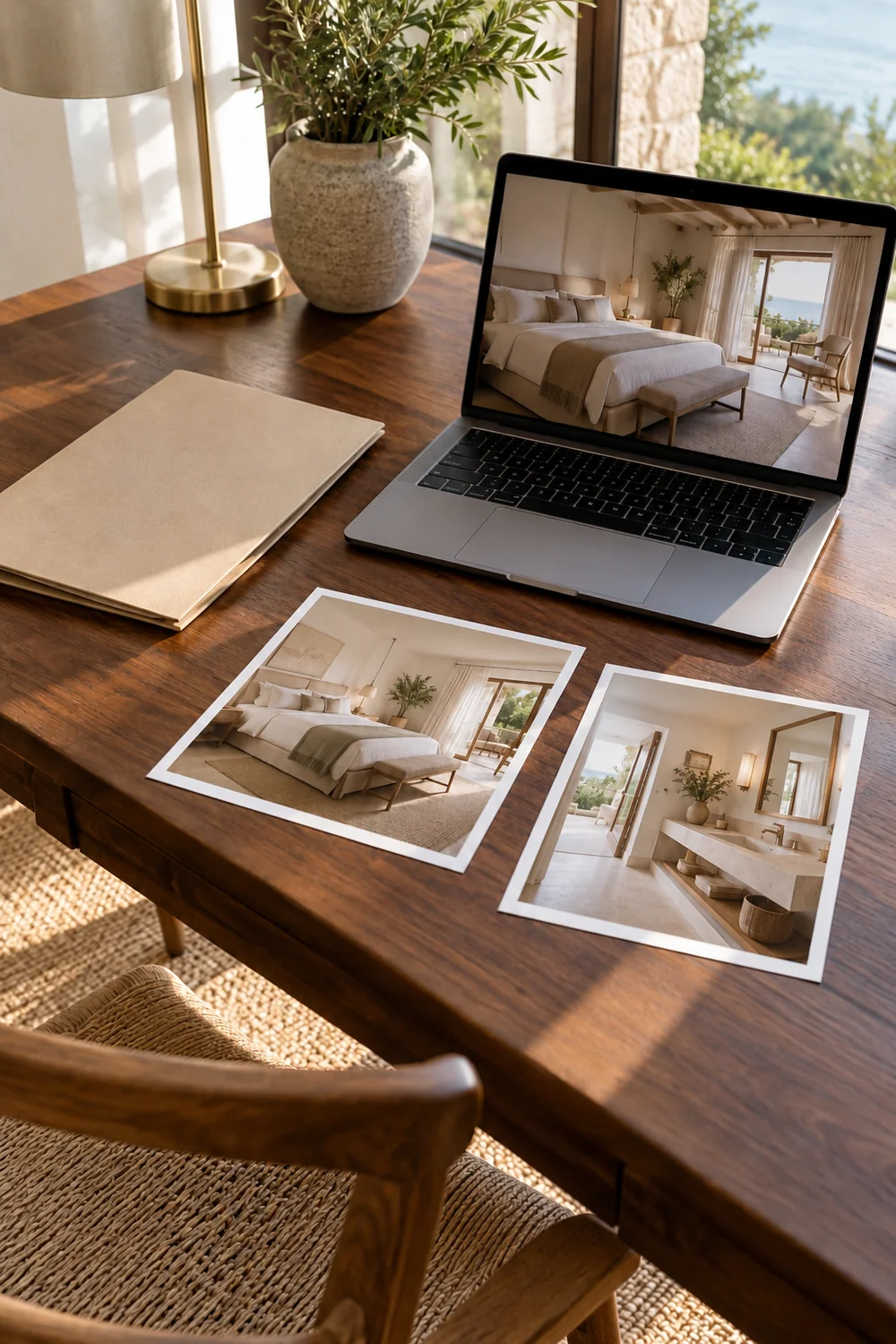 Laptop showing a bedroom beside two separate source photographs and a cream folder