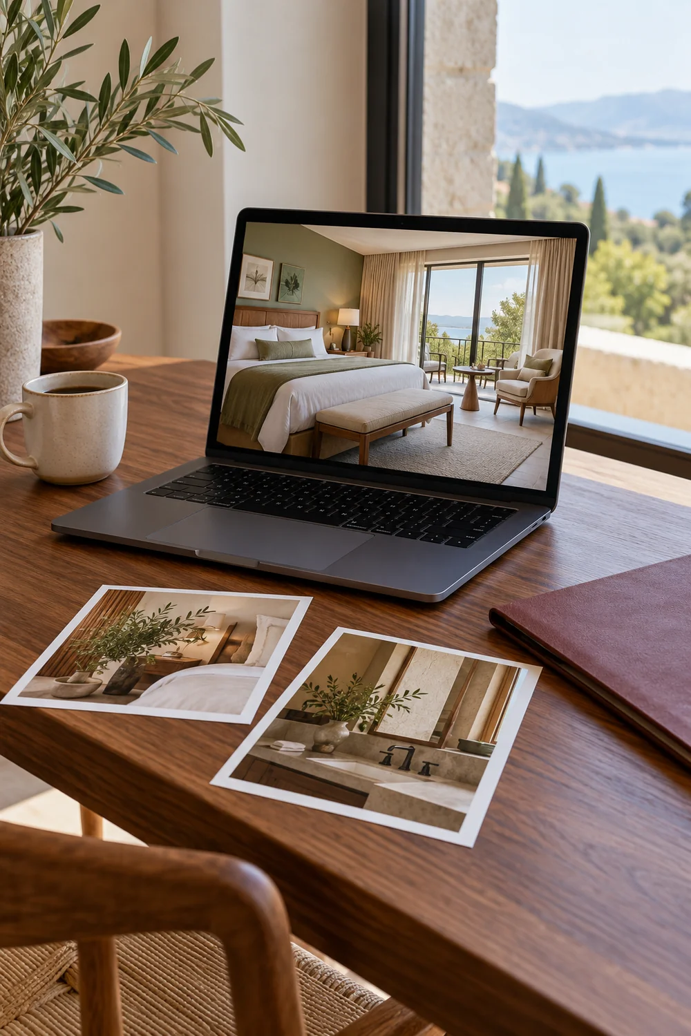 Laptop showing a hotel room beside photographs and an oxblood folder