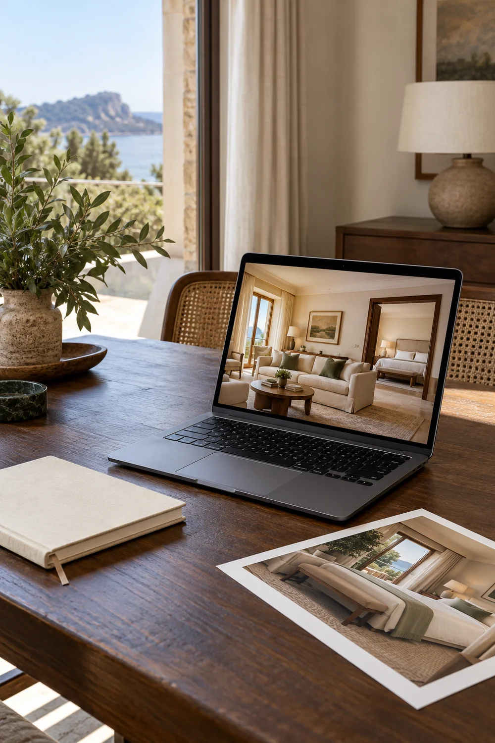 Laptop showing a hotel suite beside a room photograph and cream notebook
