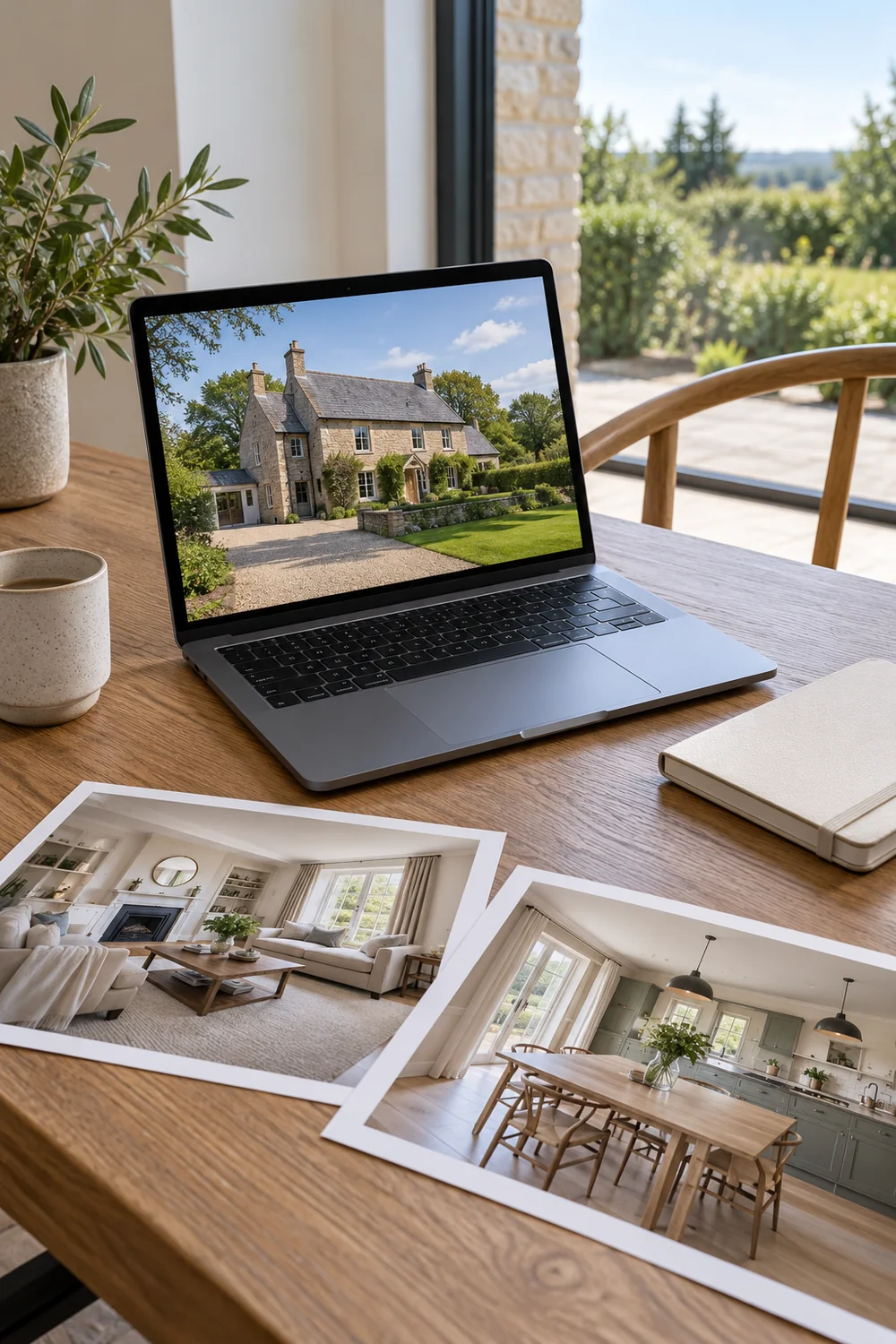 Laptop showing a house beside room photographs and a notebook