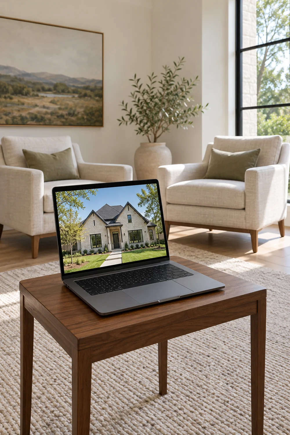 Laptop showing a house on a narrow table in front of empty chairs