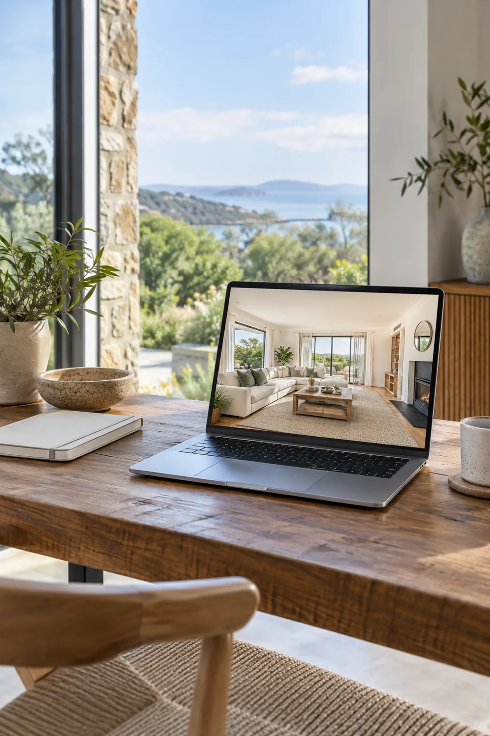 Laptop showing a living room beside a cream notebook and window