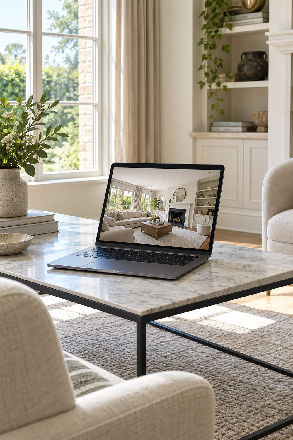 Laptop showing a living room between two chairs and a marble table