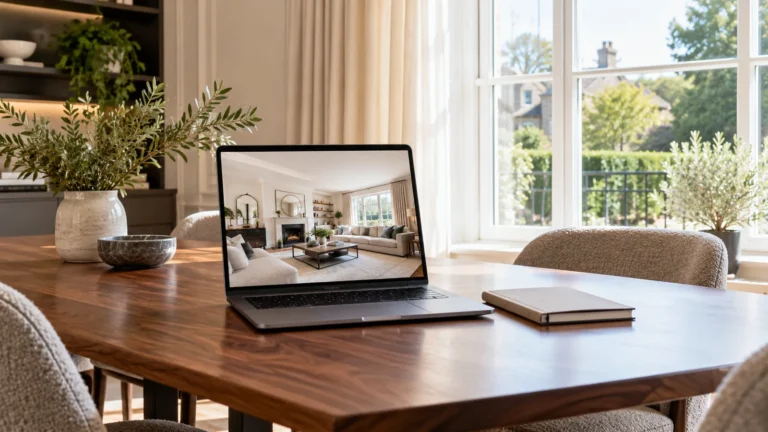 Laptop showing a living room on a walnut table beside a notebook