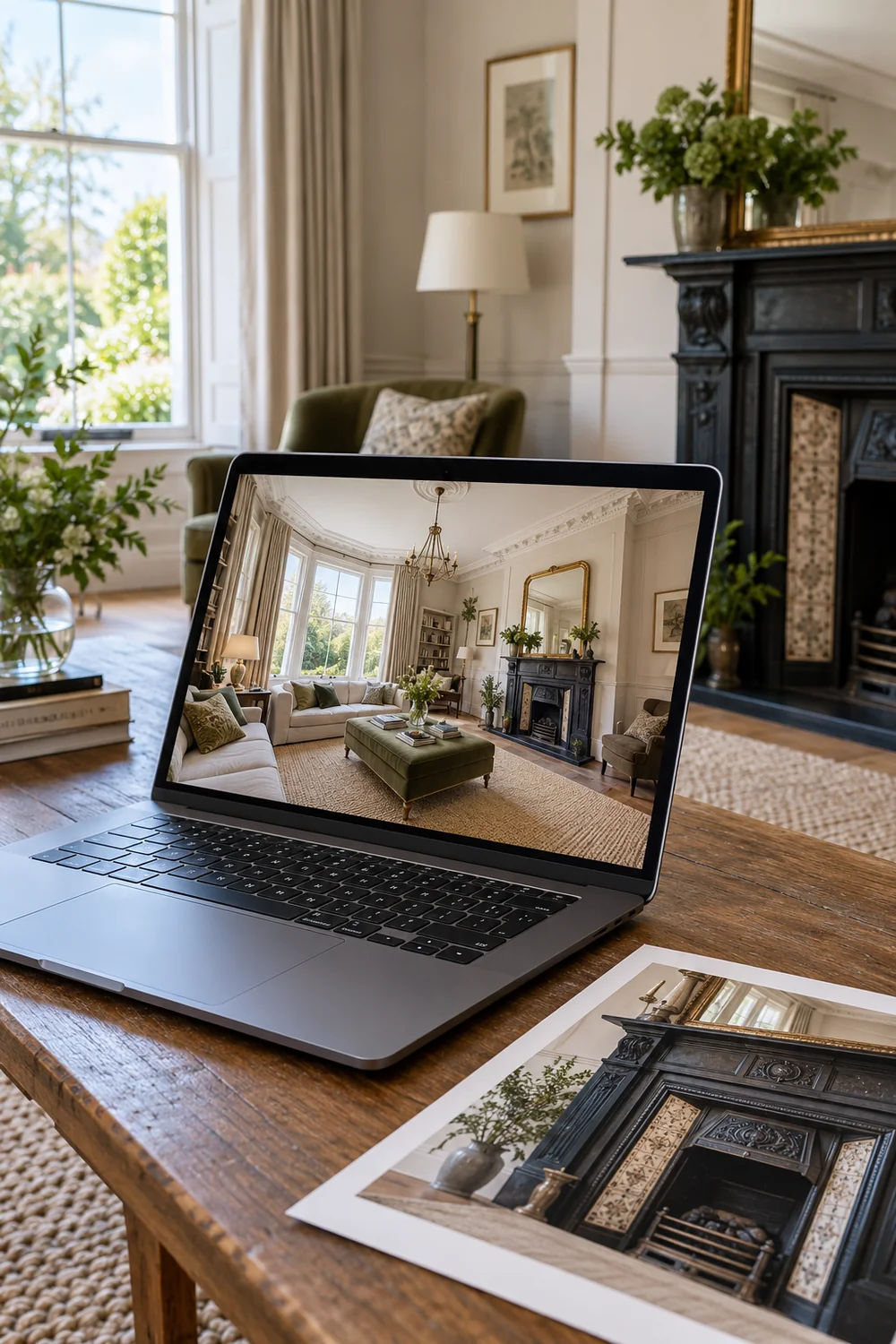 Laptop showing a period room beside printed property photographs