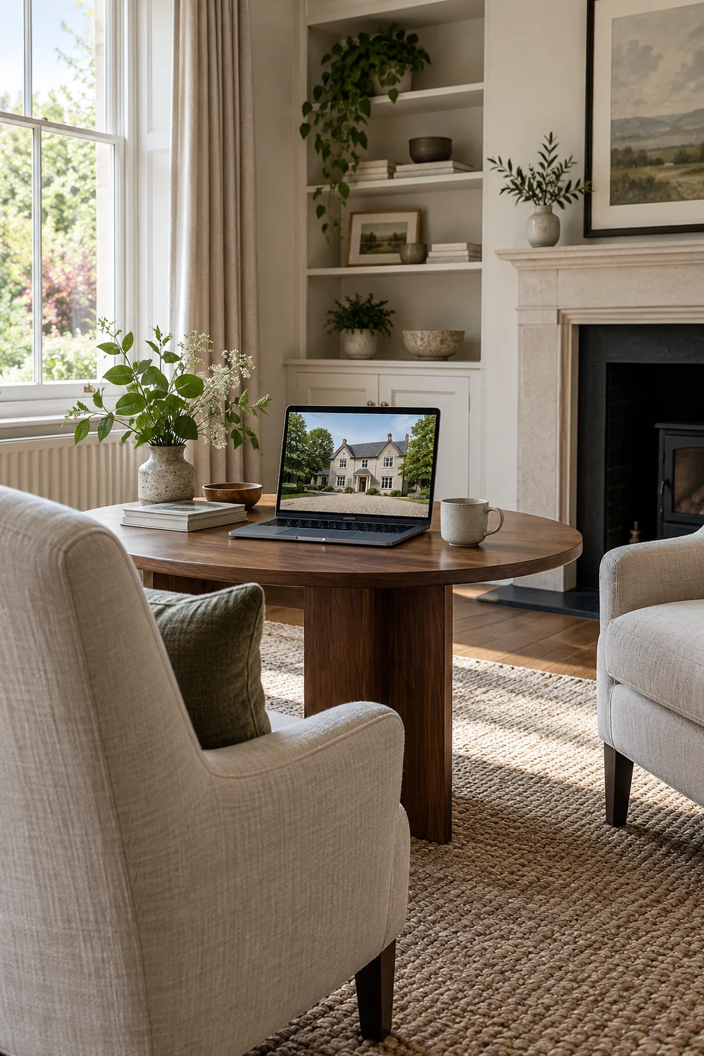 Laptop showing a property between two linen armchairs