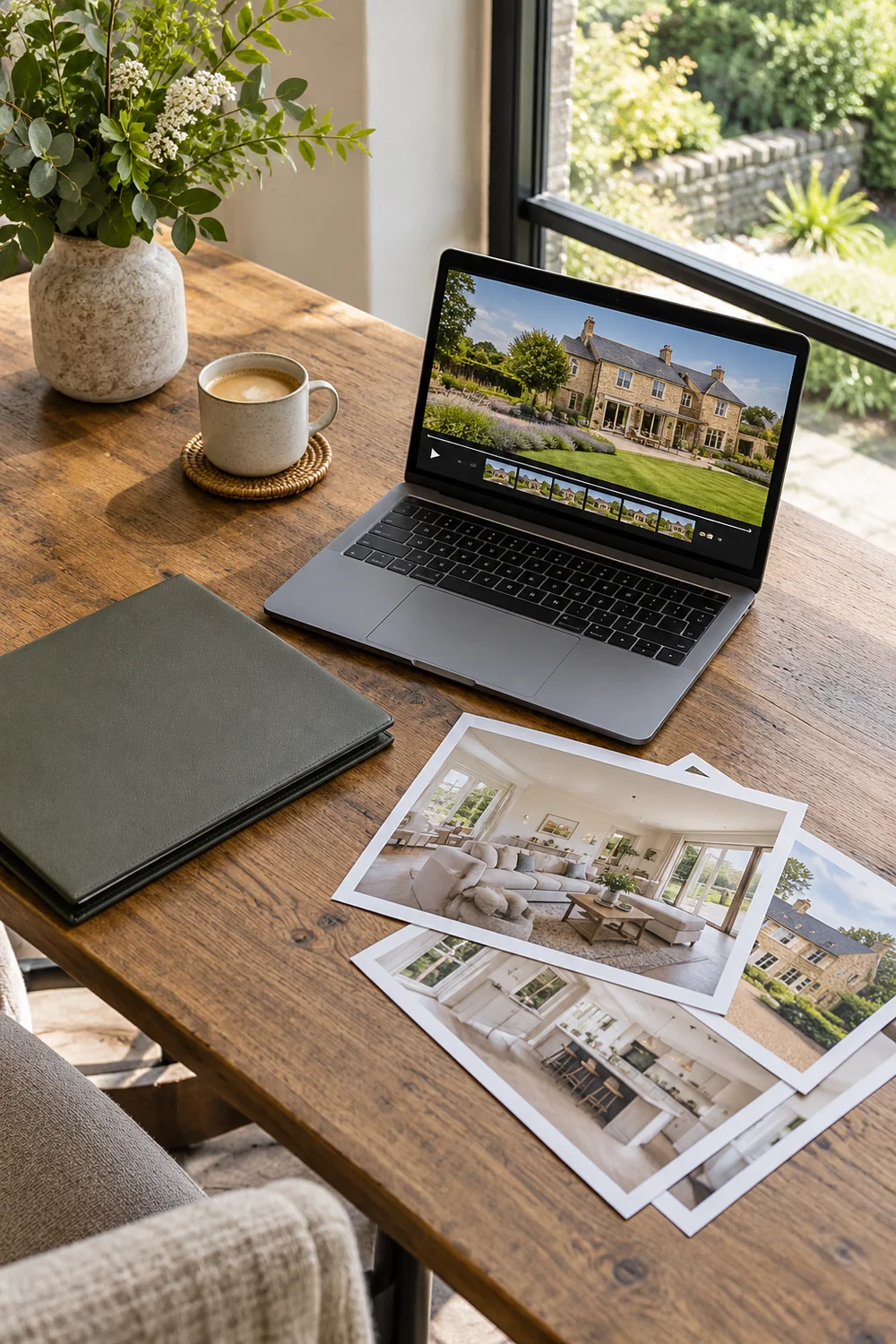 Laptop showing a property video beside photographs and a closed folder