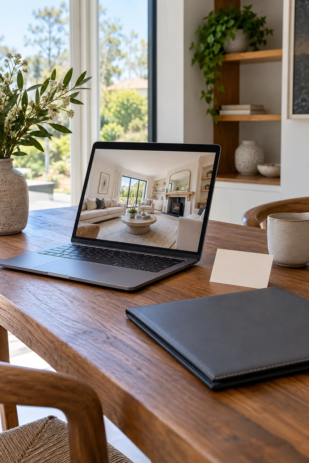 Laptop showing a room beside a blank card and slate folder