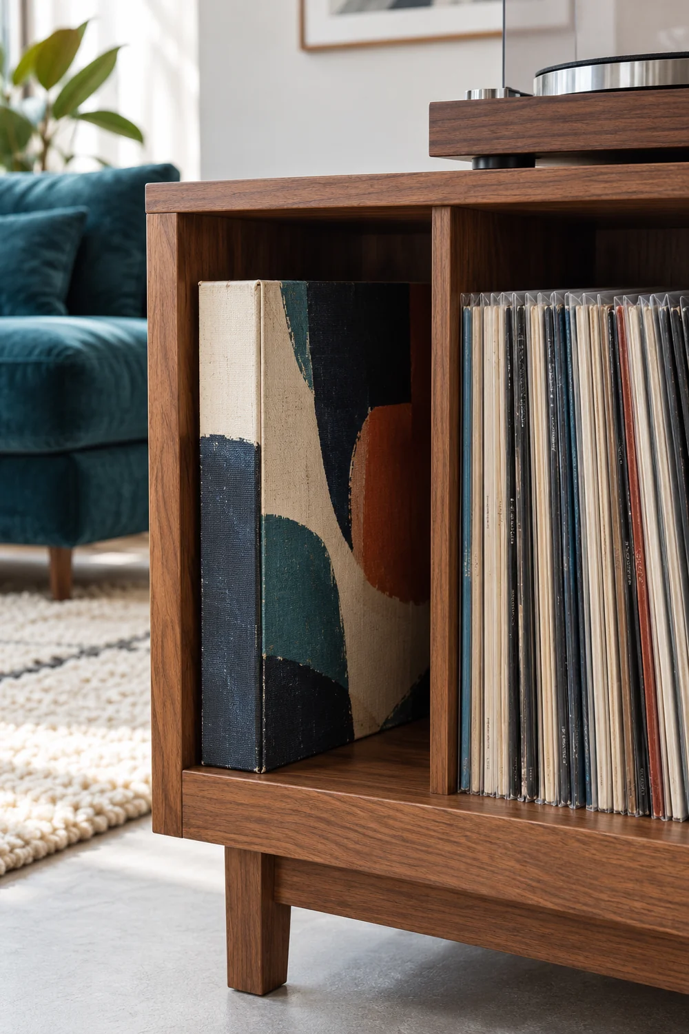 Large abstract record box in a separate walnut storage compartment