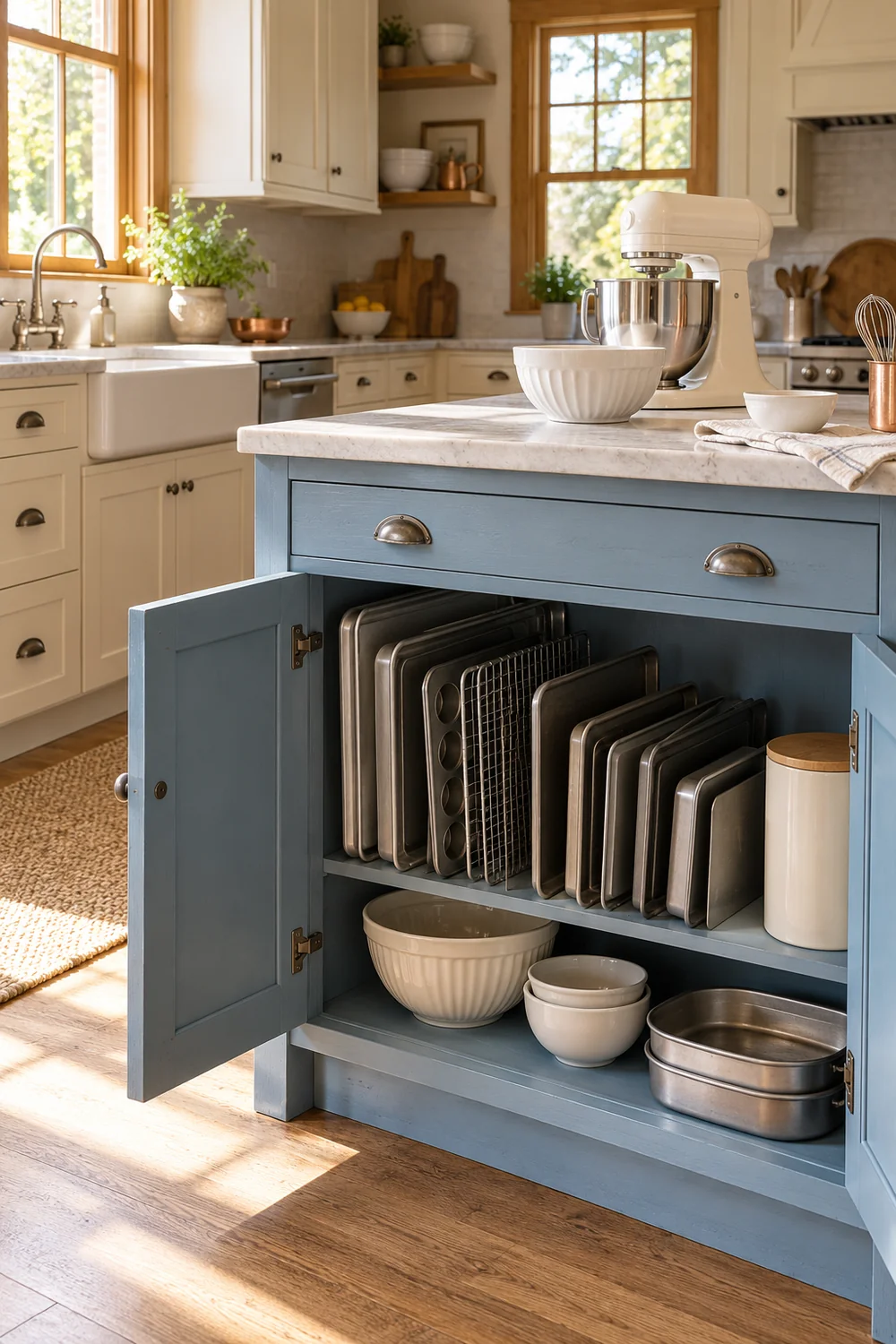 Large baking trays standing upright above bowls in a blue cupboard
