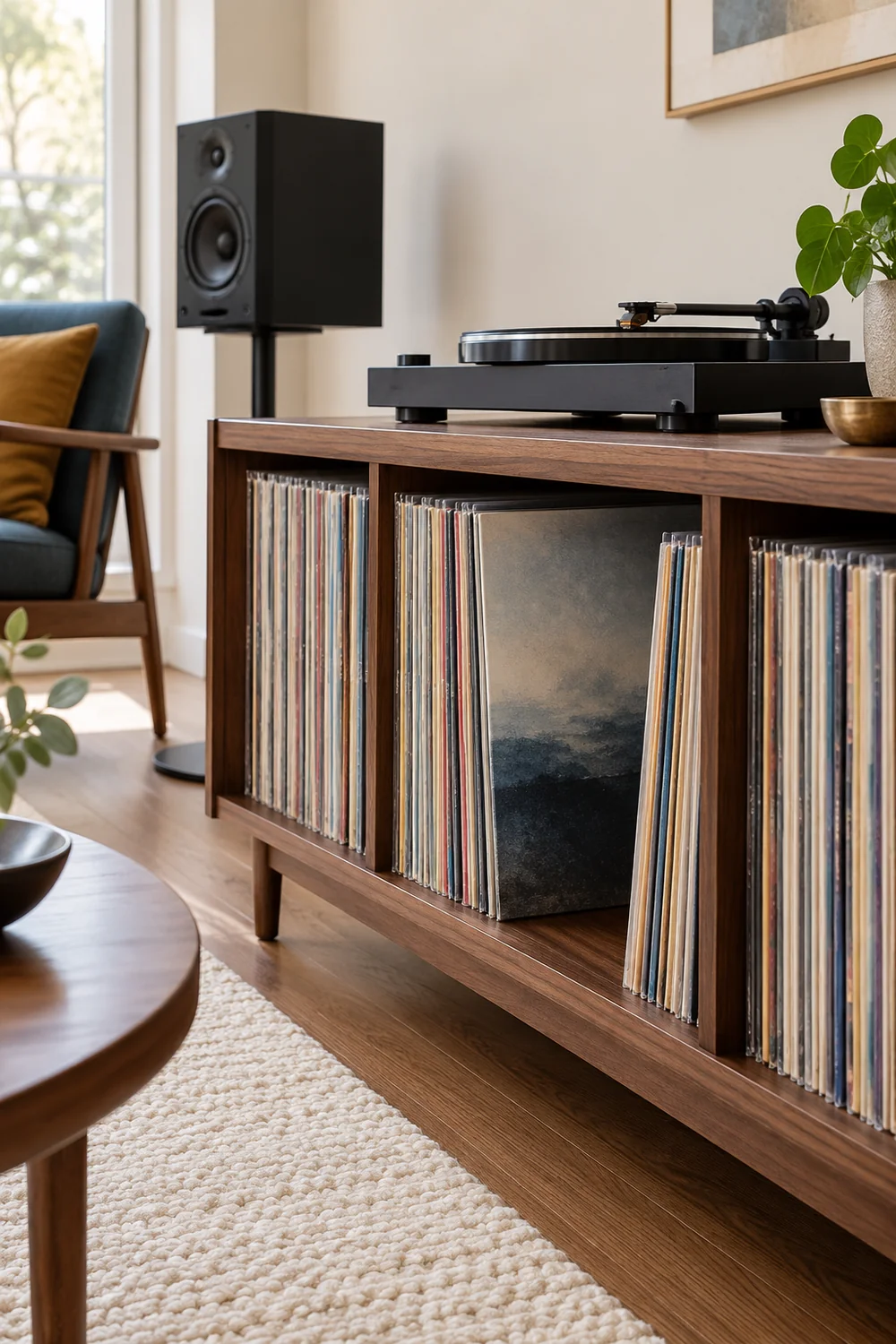 Large protected album standing inside a walnut record cabinet opening