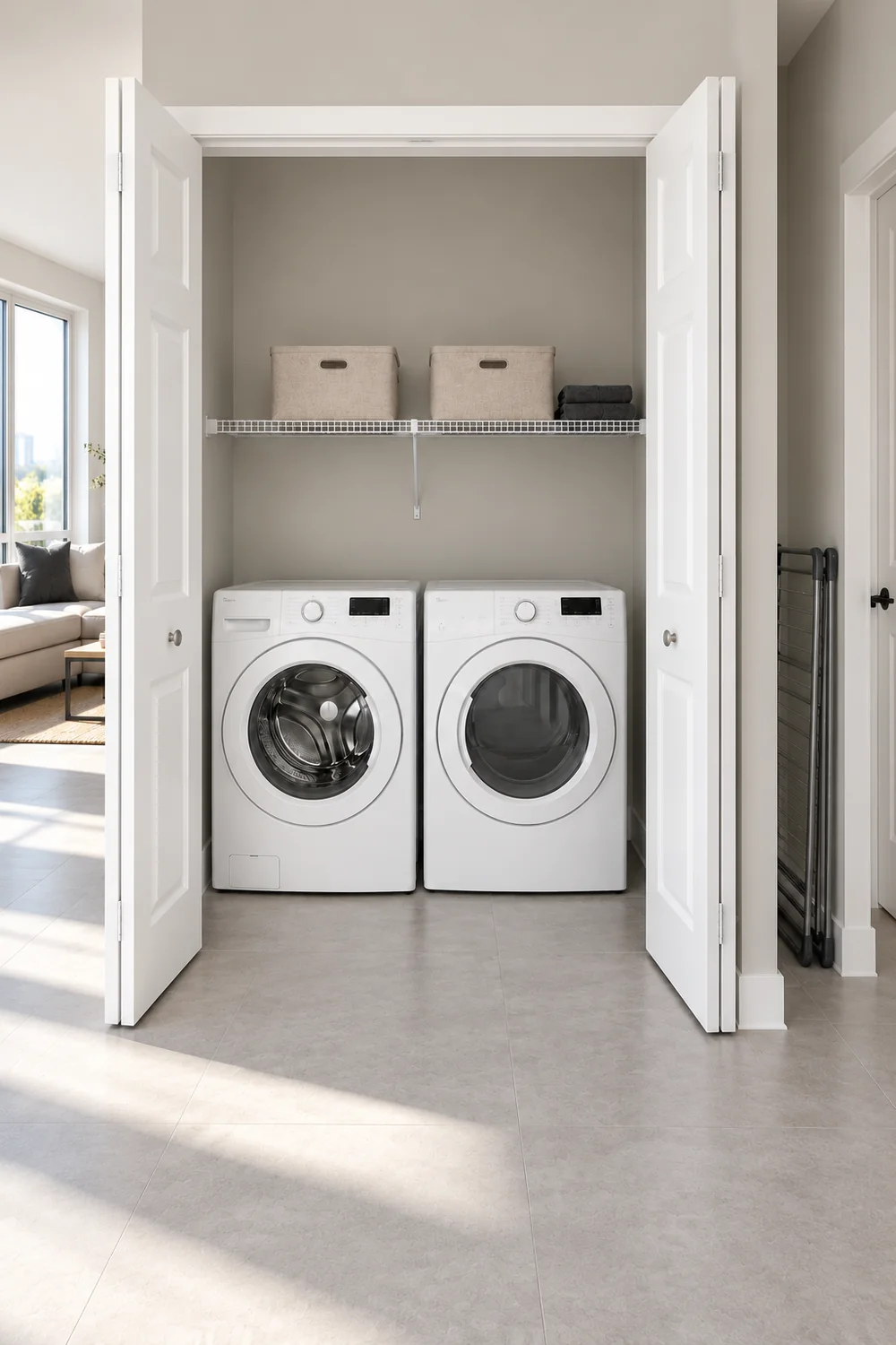 Laundry machines with clear loading space and a folded rack in a separate side nook