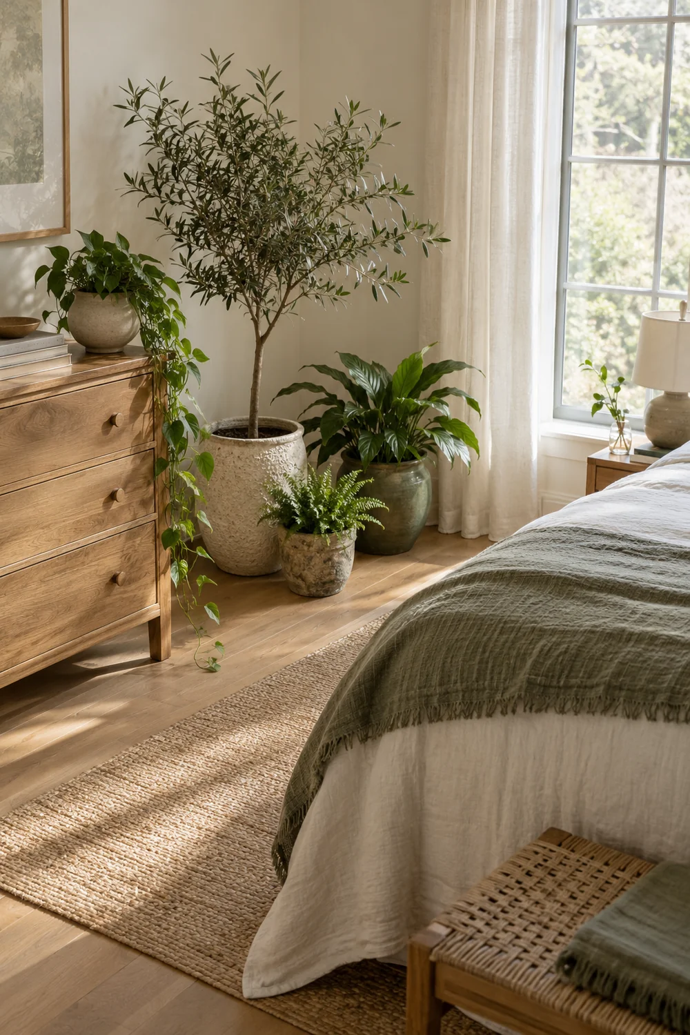 Leafy plant grouping in pale pots between a timber chest and a bright bedroom window