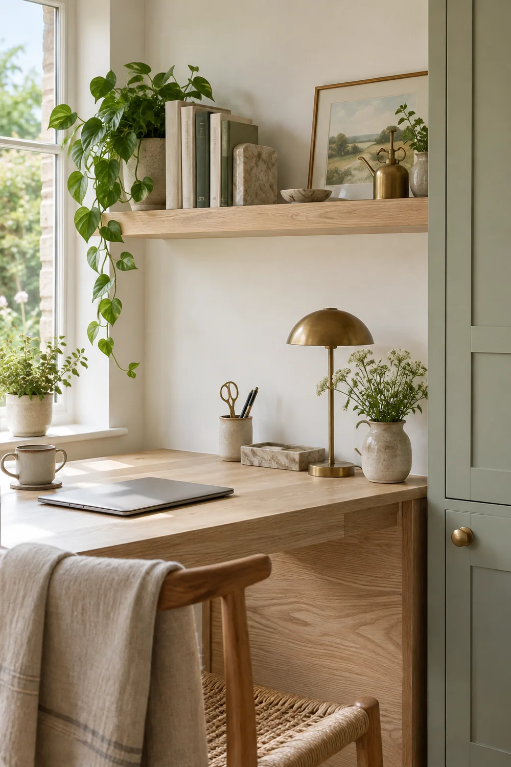 Light oak shelf with a few books above a garden office desk