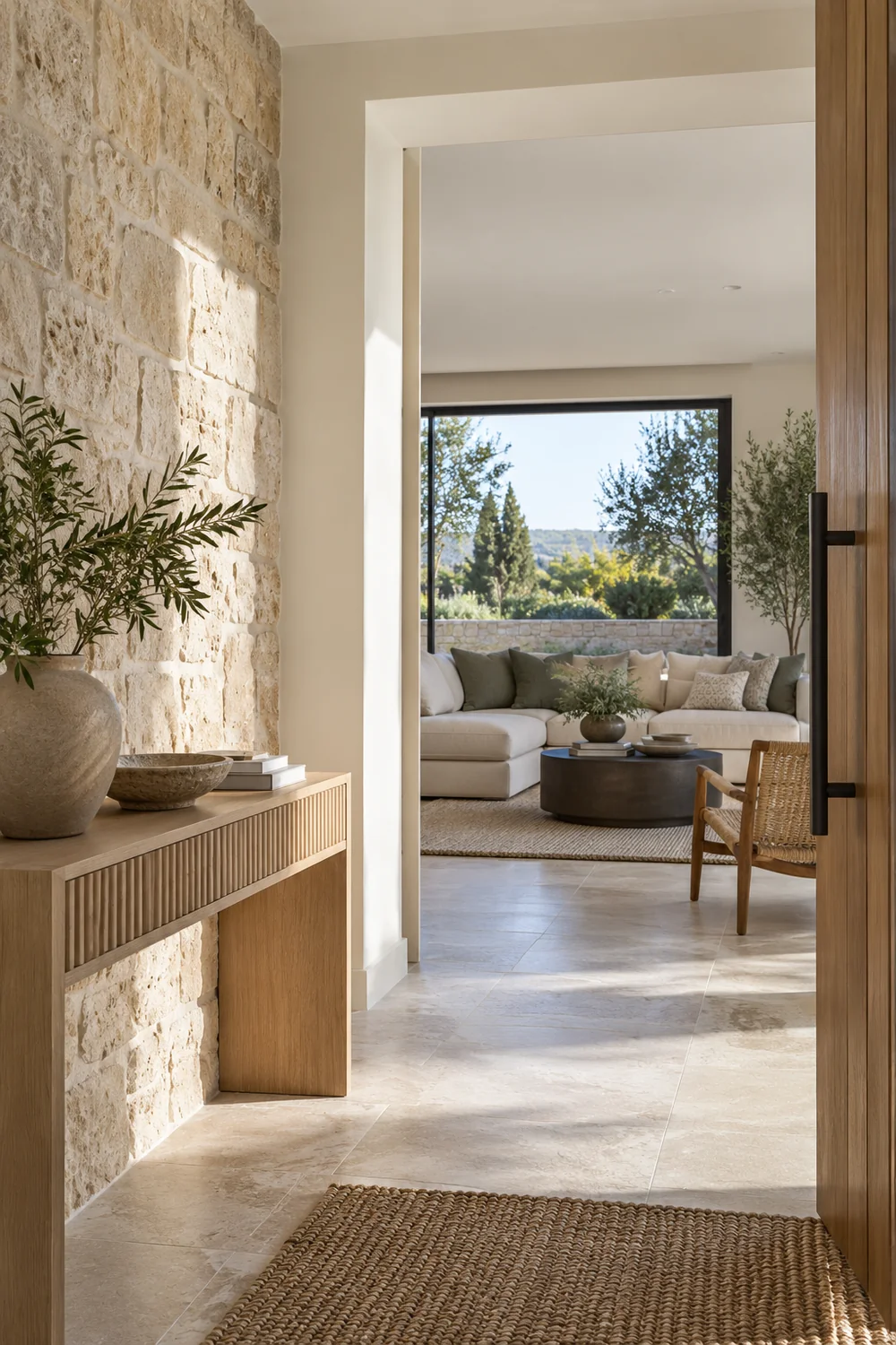 Limestone entrance with an oak console and a view into a living room