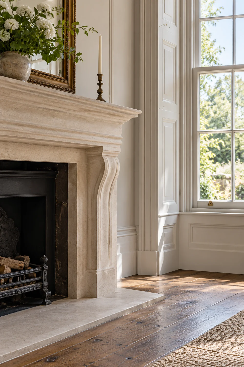 Limestone fireplace beside a sash window and timber flooring