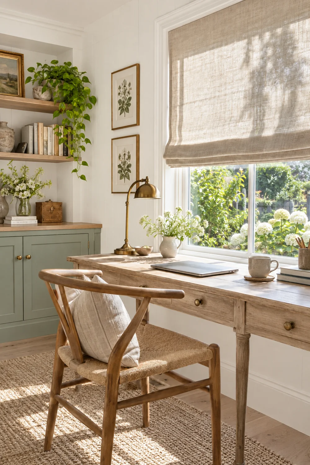 Linen shade filtering daylight above a garden office desk
