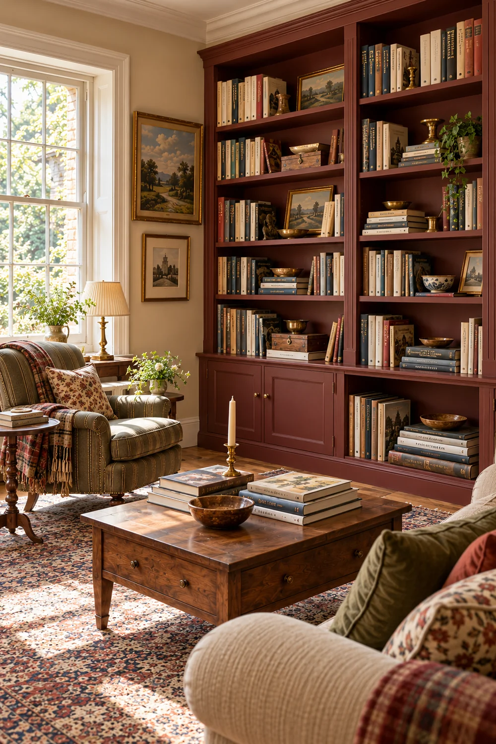 Living room bookcase with grouped upright books and a separate lower position for large volumes