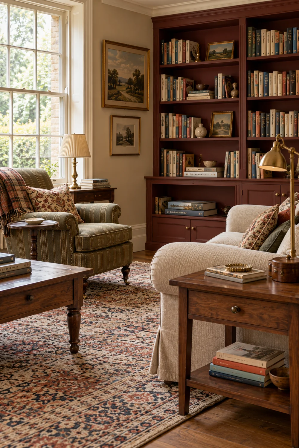 Living room bookshelves behind a sofa with current reading on a side table
