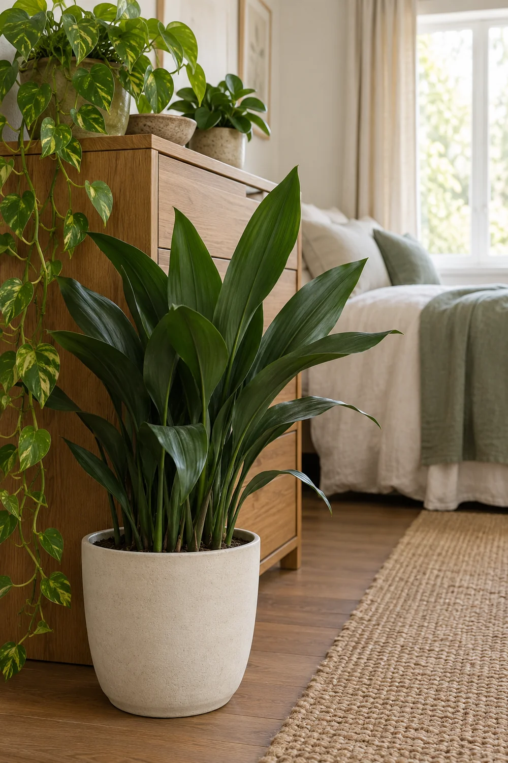 Long upright green leaves in a cream pot beside a timber bedroom chest