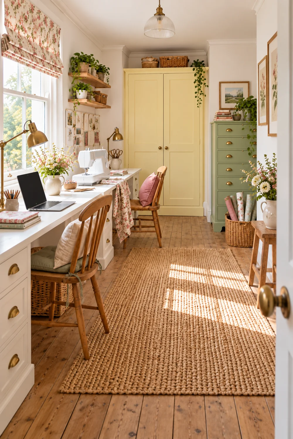 Long white worktop holding a laptop and sewing machine beside a window