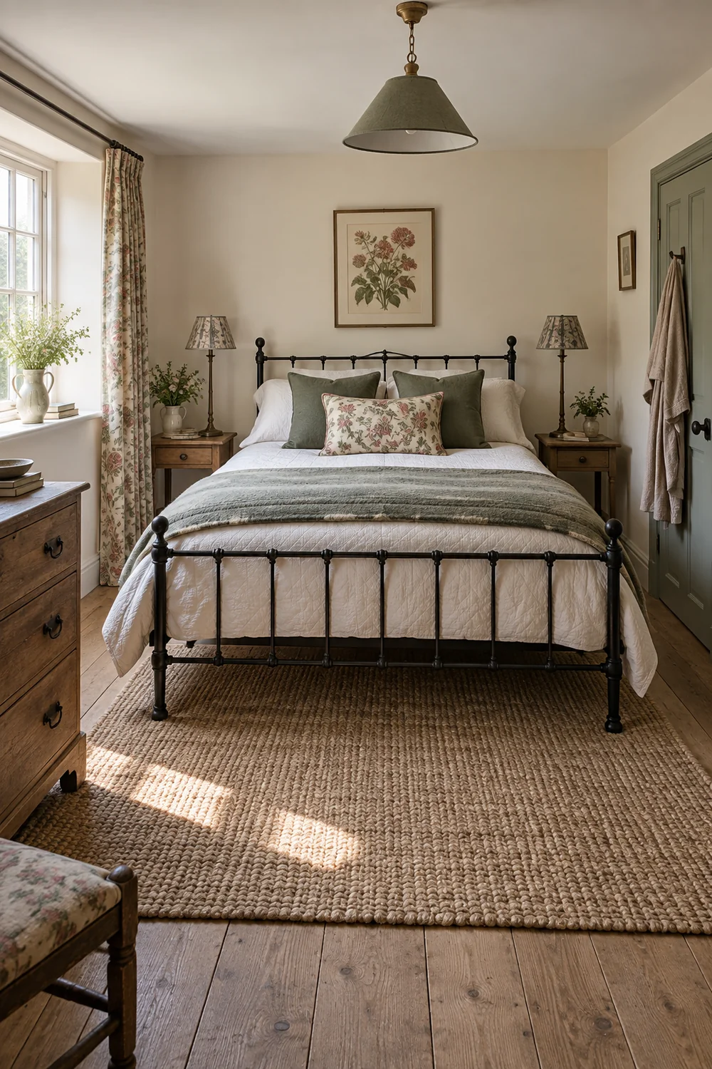 Low black iron bed against chalk cream wall with sufficient side floor visible and daylight at window