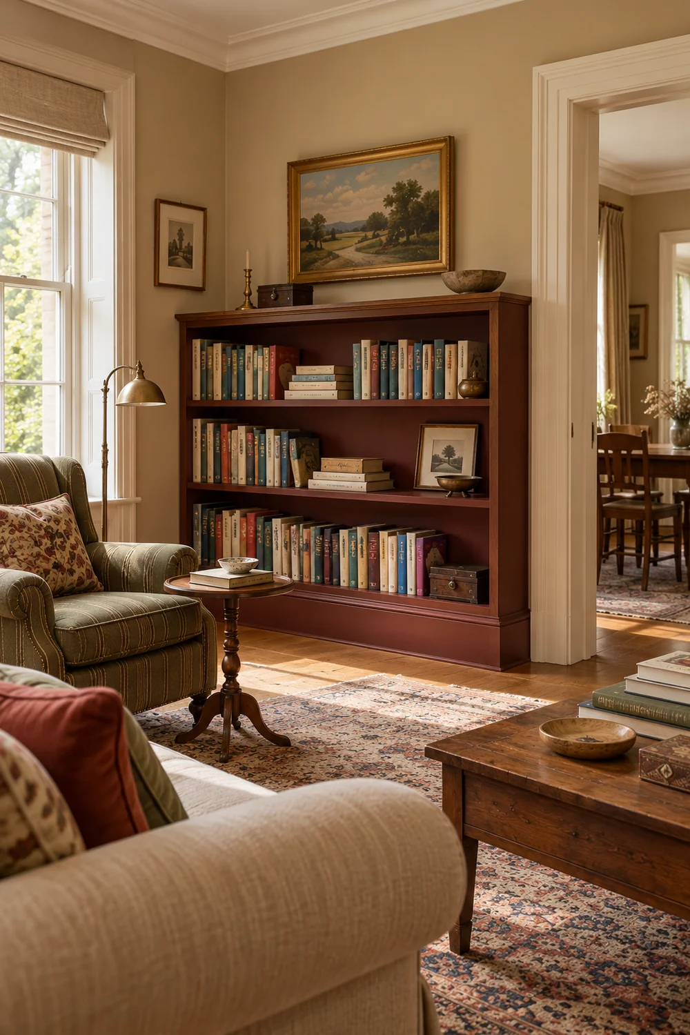 Low bookcase ending beside an open doorway with a clear route past the reading chair