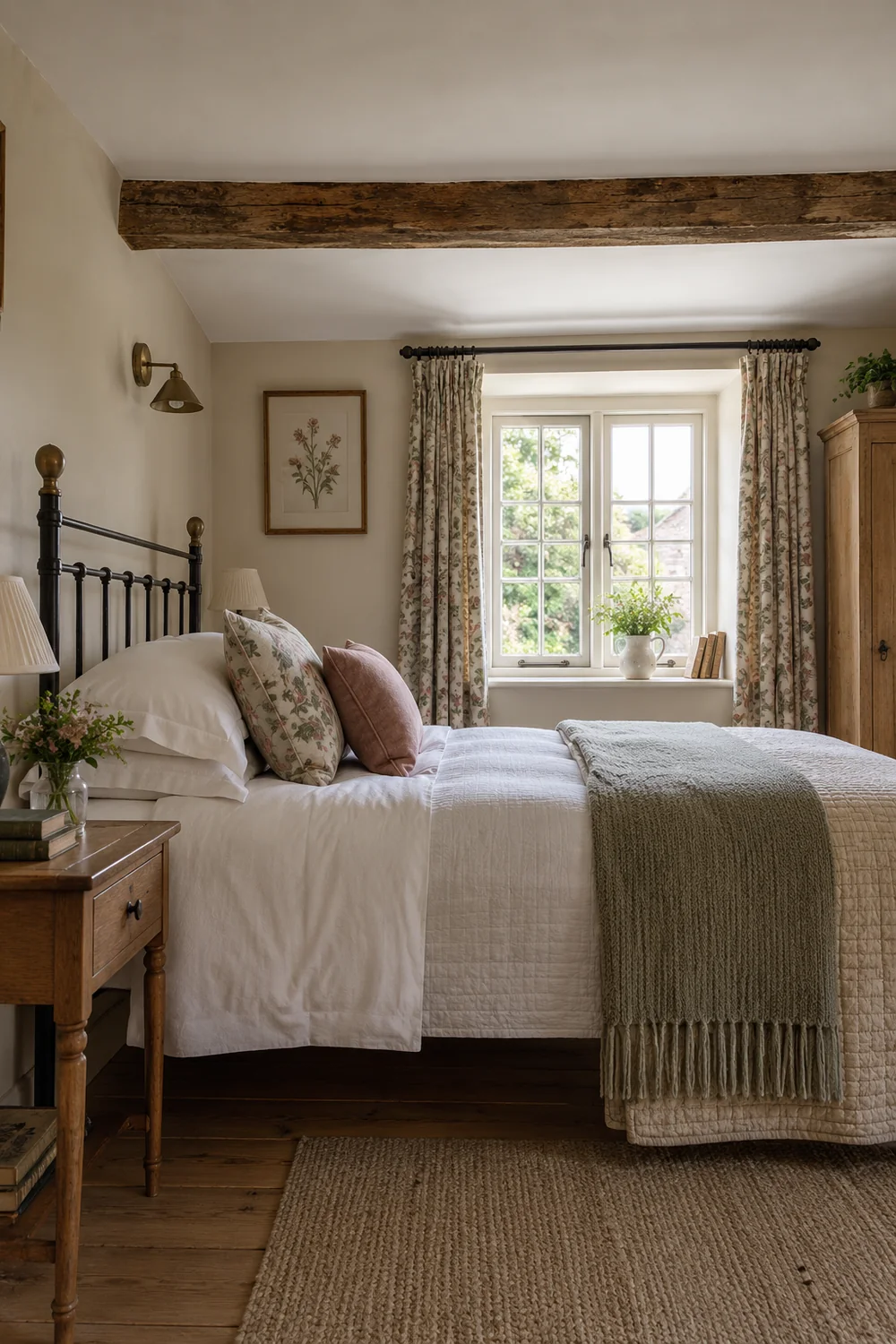 Low iron bed below a cottage beam in a compact English country guest room
