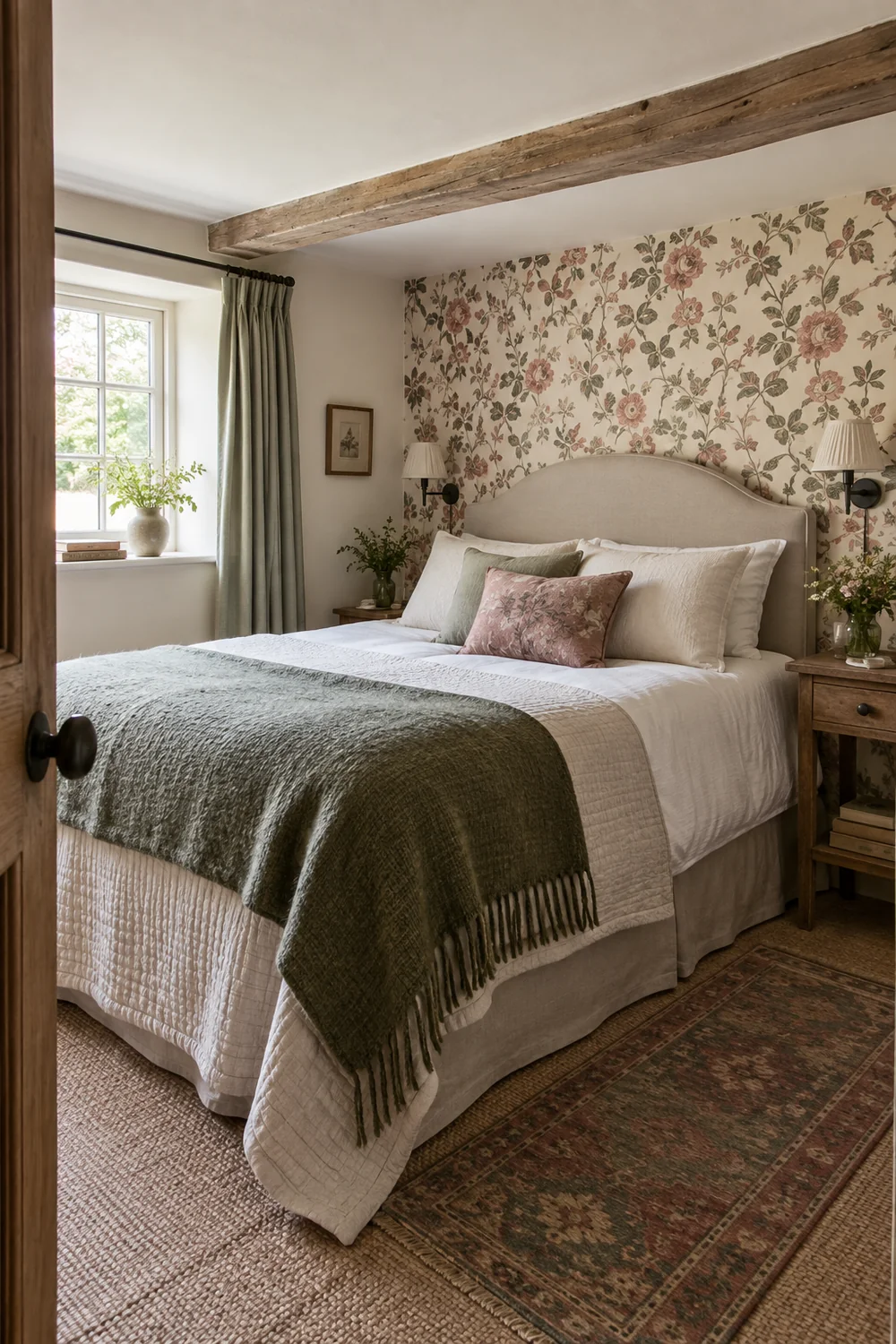 Low linen headboard beneath a cottage ceiling with a floral wall behind