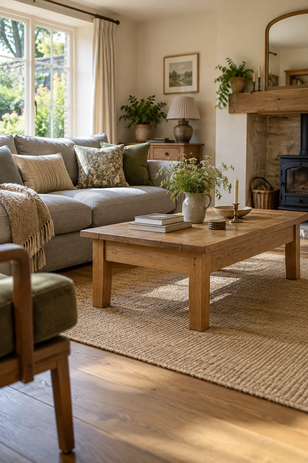 Low oak coffee table in front of a grey sofa with a clear route
