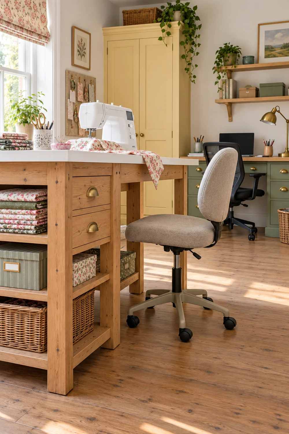 Low view of pine sewing table supports and open space beneath the worktop
