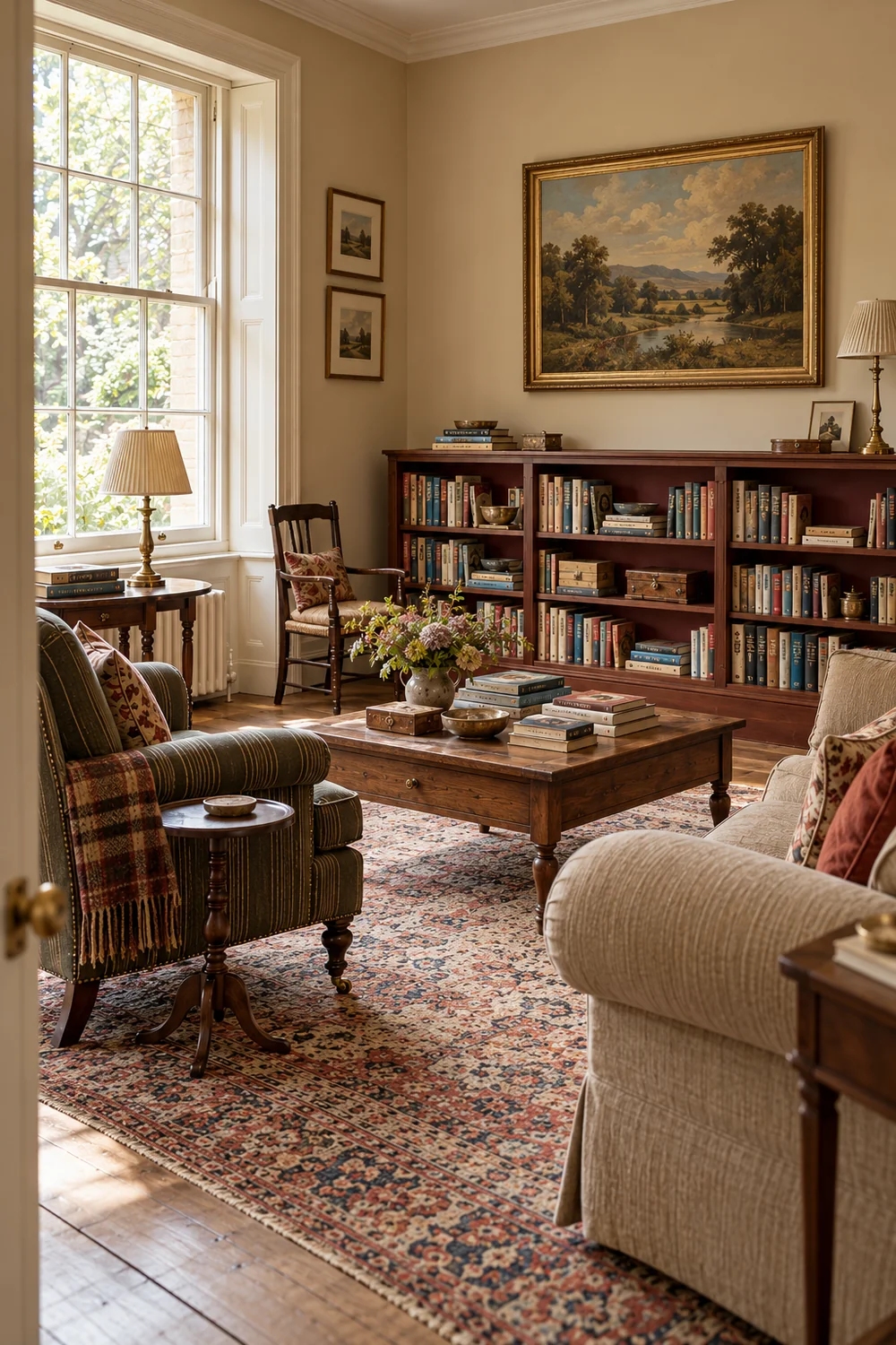 Low walnut bookshelves beneath a landscape painting in an English country living room