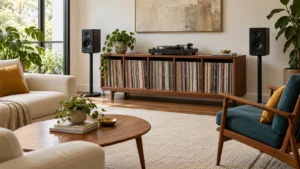 Low walnut record cabinet with separate speakers and cream living room seating