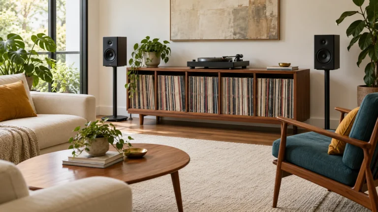 Low walnut record cabinet with separate speakers and cream living room seating