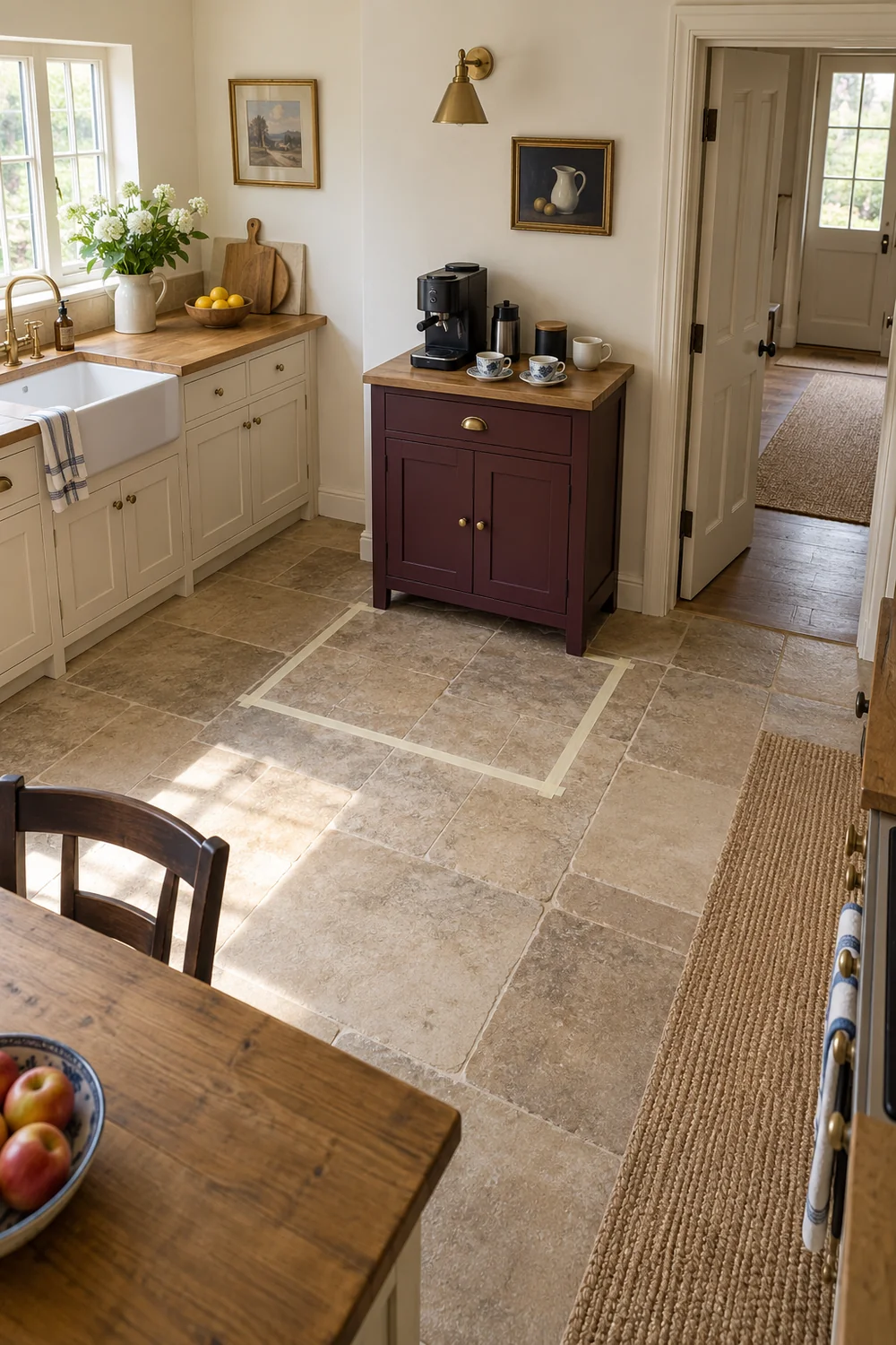 Masking tape outlining floor space in front of a burgundy kitchen coffee cabinet