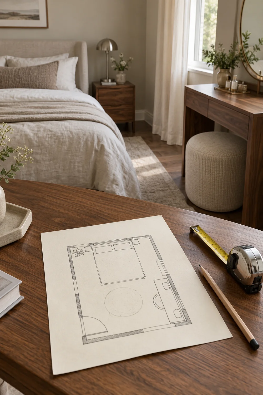 Measured bedroom vanity plan beside matching room view
