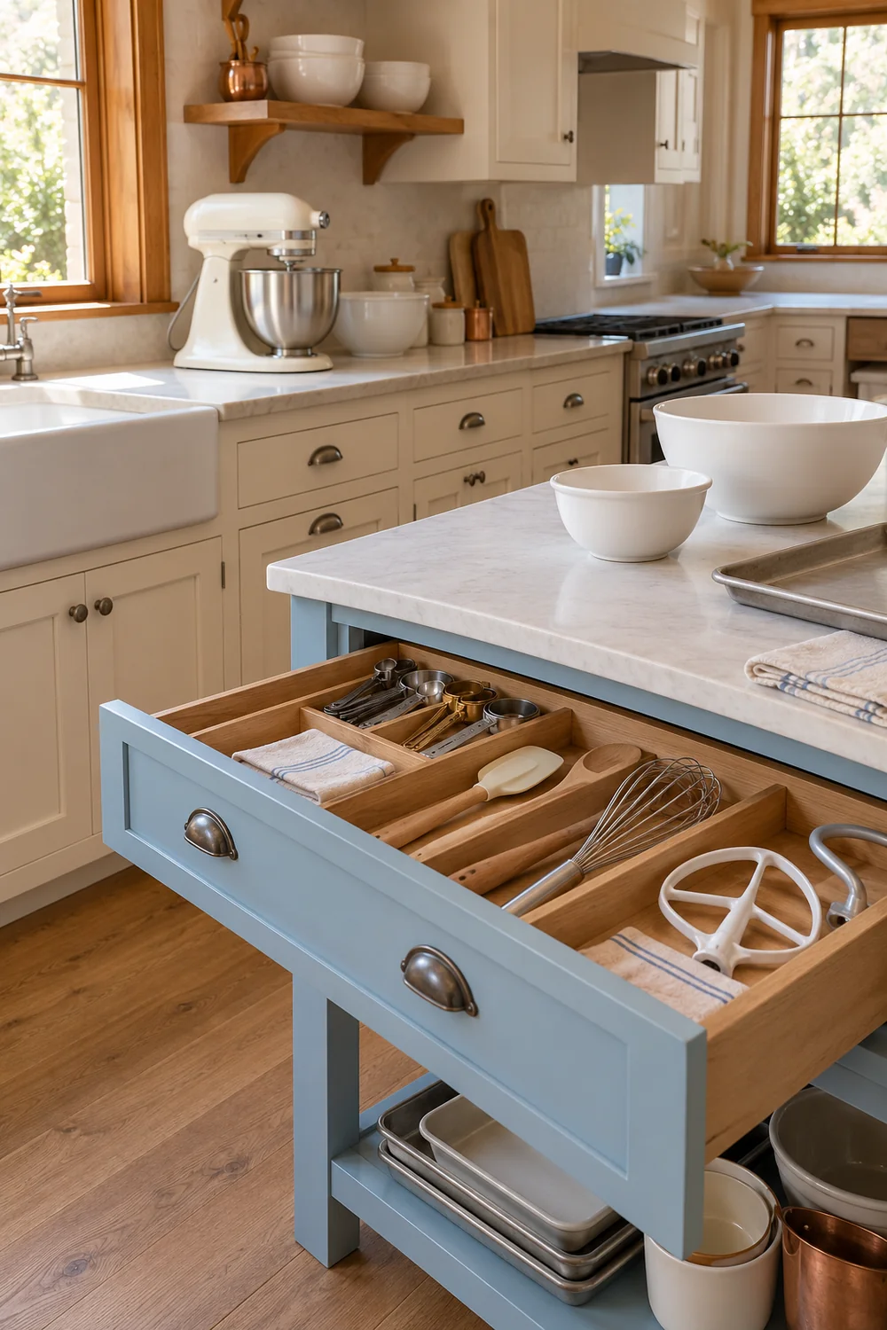 Measuring spoons scraper whisk and mixer beater grouped in a blue drawer