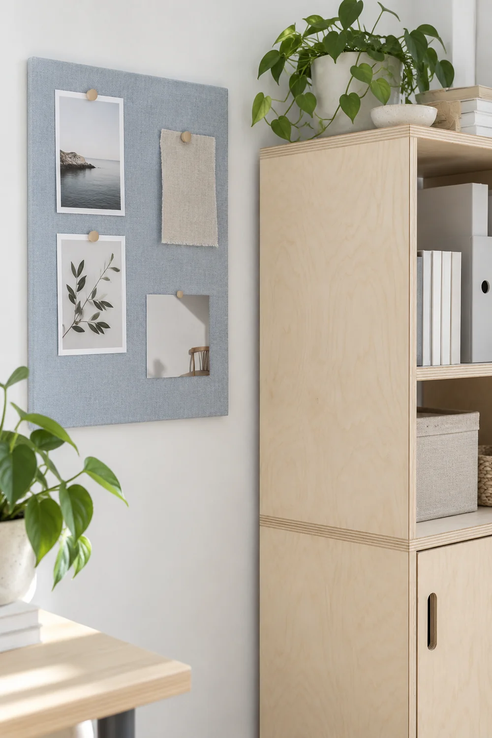 Mist blue pinboard beside birch storage in a Scandinavian workroom