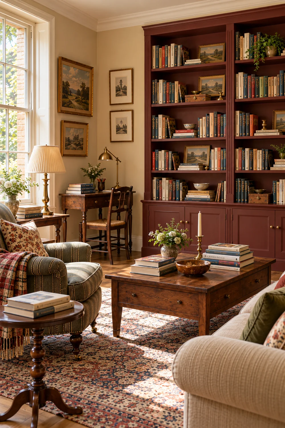 Mixed book spine colours within oxblood bookshelves beside parchment walls and olive seating