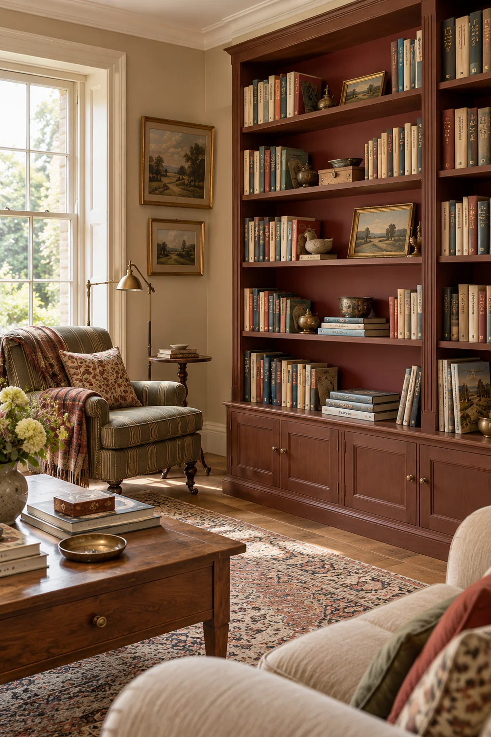 Mixed paperback hardback and illustrated books in a walnut and oxblood living room bookcase