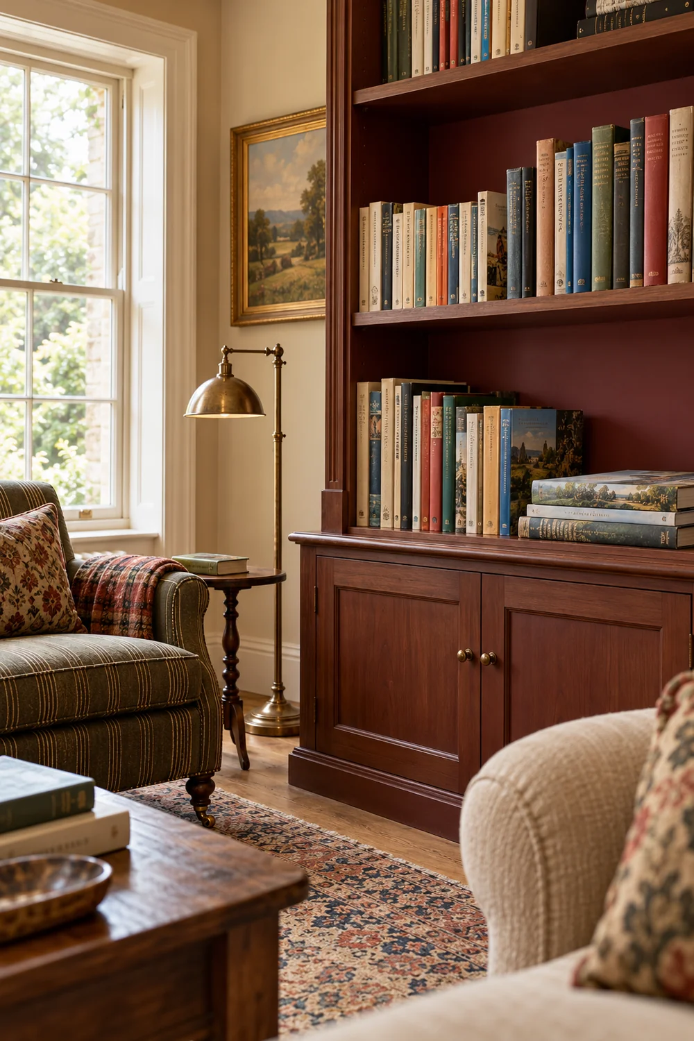 Mixed size upright books and a short horizontal stack on walnut shelving