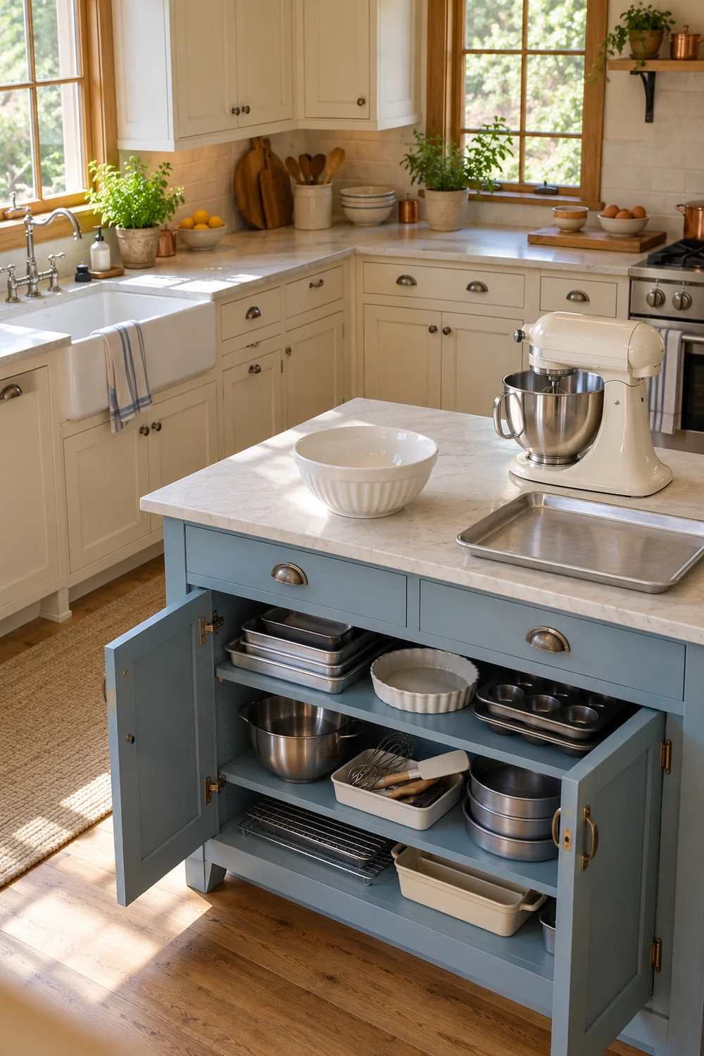 Mixer bowl and tray above grouped baking pans in an open blue cabinet