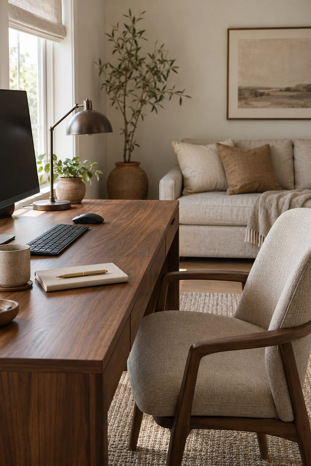 Monitor keyboard and notebook on a walnut desk beside an oatmeal chair and sofa