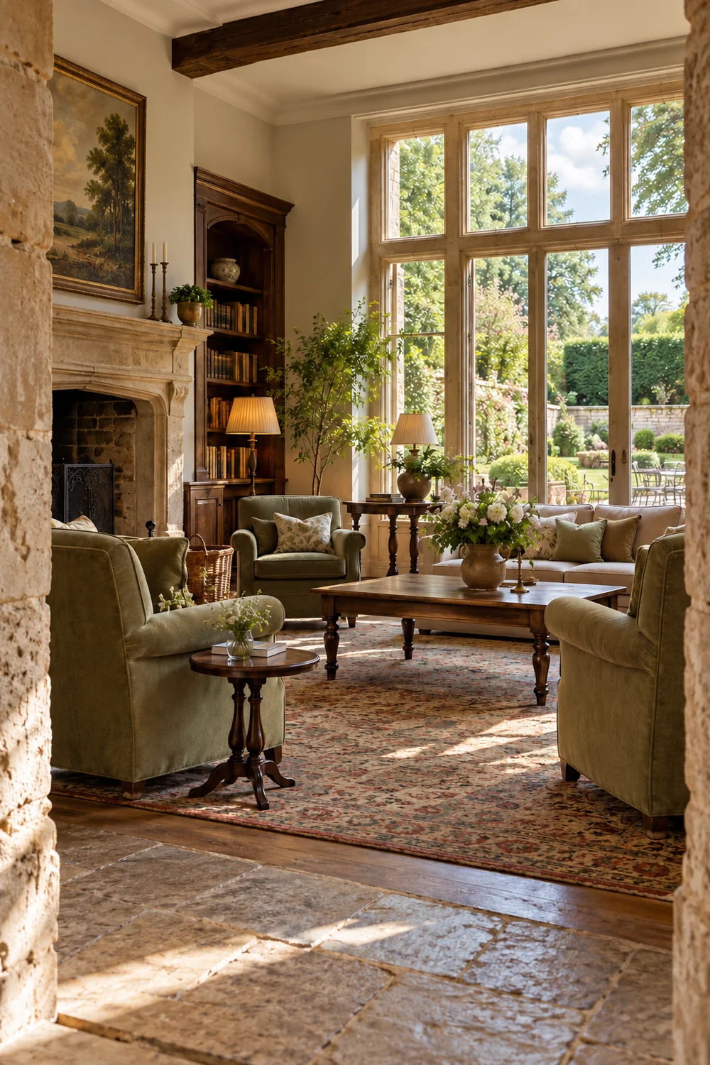 Moss armchairs and a sofa beside tall garden windows in a stone sitting room