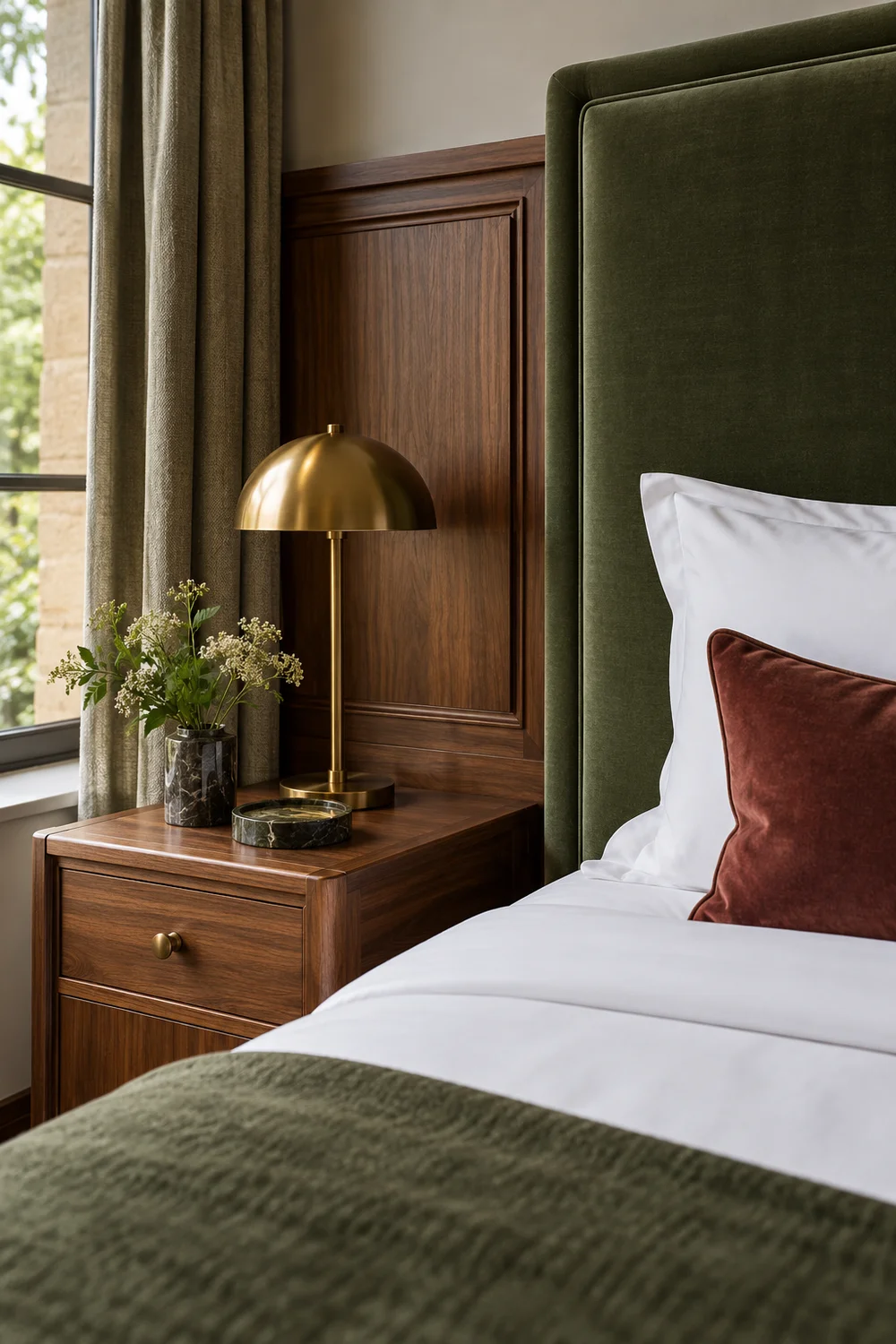 Moss headboard upholstery and walnut joinery beside crisp hotel linen
