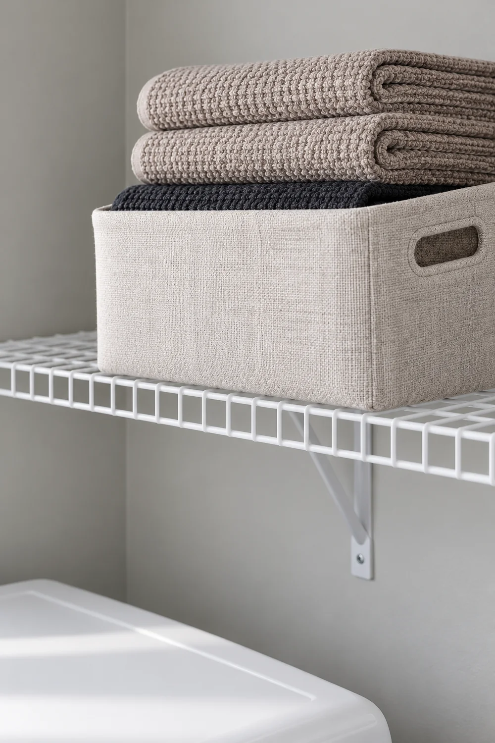 Mushroom and dark folded cloths in a fabric container on white wire shelving