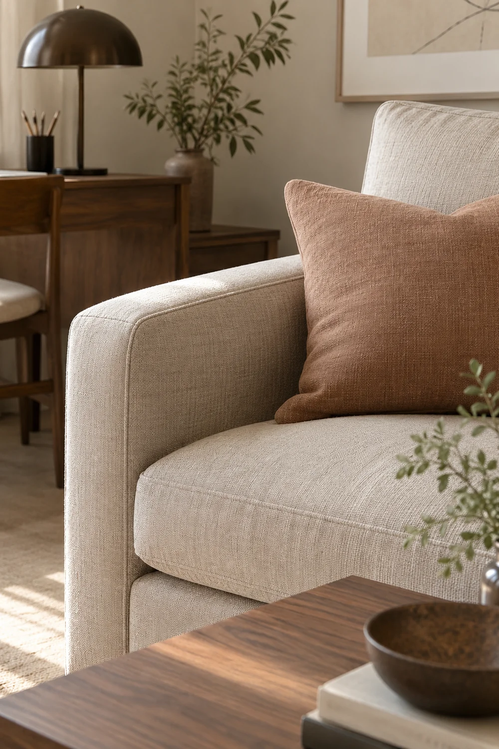 Muted clay cushion against oatmeal sofa fabric with a walnut desk and dark lamp beyond