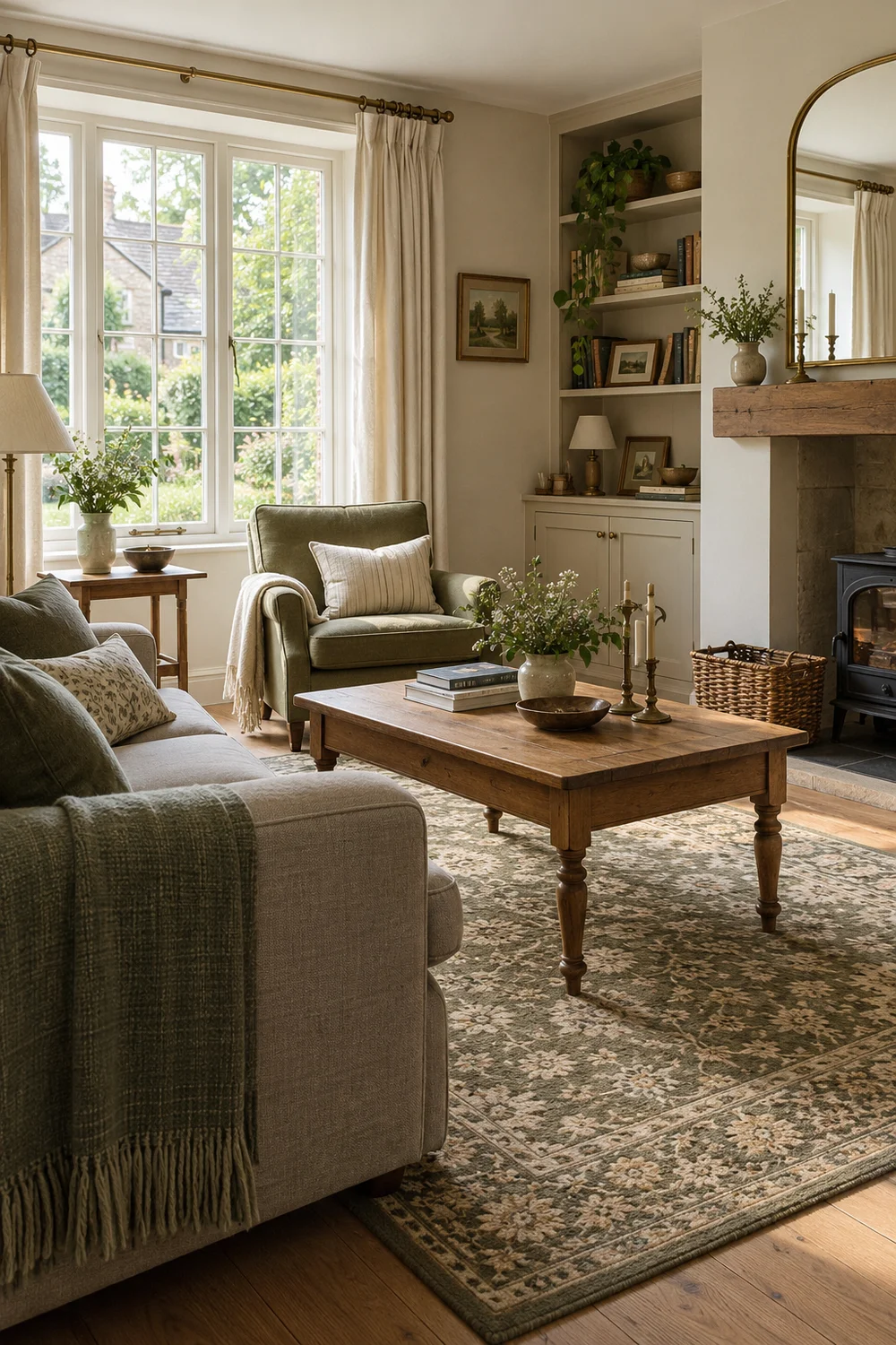 Muted patterned rug and plain curtains in a cottage seating area